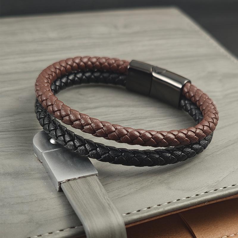 Men's Leather Bracelet with Double Tone Magnetic Buckle, High-quality Woven Bracelet Customized Handmade Accessories Wholesale