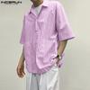 INCERUN Summer Men Lapel Neck Short Sleeve Striped Pockets Casual Oversized Shirts