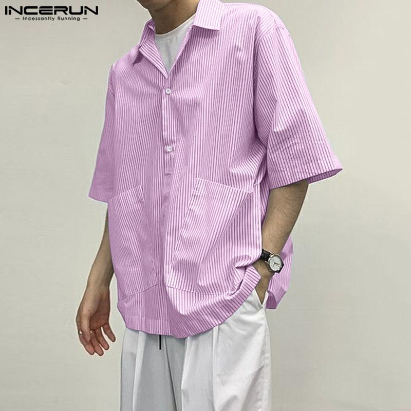 INCERUN Summer Men Lapel Neck Short Sleeve Striped Pockets Casual Oversized Shirts