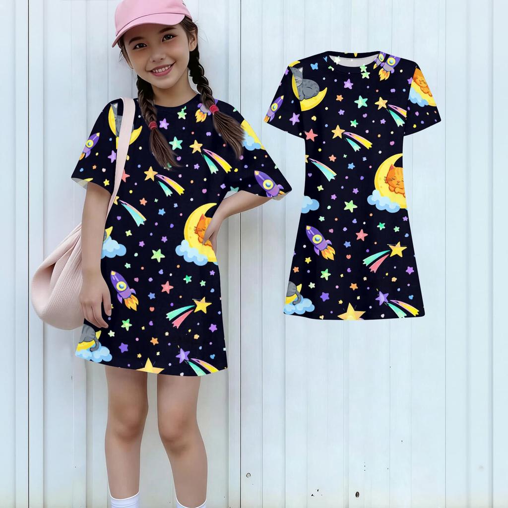 Girls Print Casual Dress Kids Loose Round Neck Short Sleeve Thin Sundress