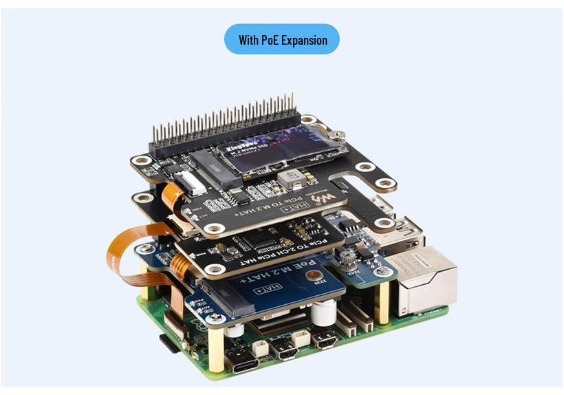 Raspberry Pi5 Dual-Channel PCIe HAT Expansion Board with Stackable 16P FFC Interface and GPIO Access.