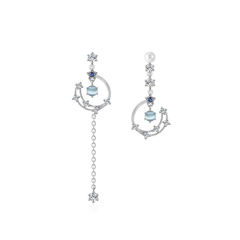 Asymmetric Moon & Tassel S925 Silver Earrings - Light Luxury Niche Design for Women