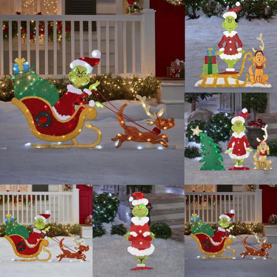 Yousheng LED Christmas Yard Sign Large Green Elf Tree Dog Sleigh Xmas Yard Sign for Winter Lawn Garden Yard Outdoor Decor