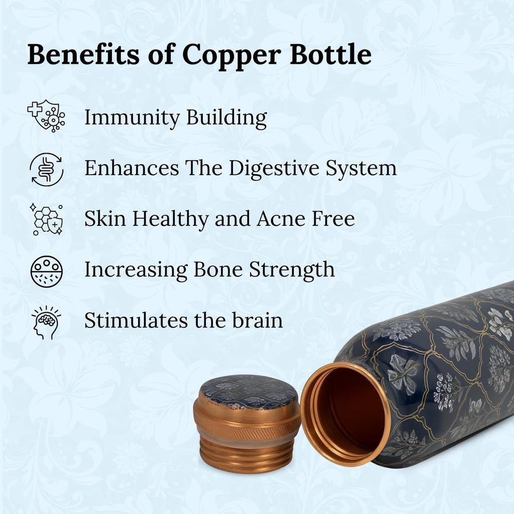 Pure Copper Water Bottle (1 Litre), Leakproof Protection, Pure Copper Water Bottle, Tamba, Yoga Health Benefits, Authentic, Durable (Blue Floral)