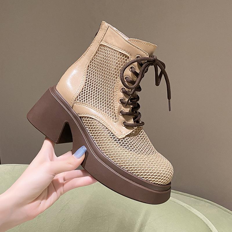 Fashion Aphixta 7cm Square Heel Breathable Mesh Ankle Boots Women Platform Lace Up Zip Close Summer Boots Platform Shoes Woman Boats