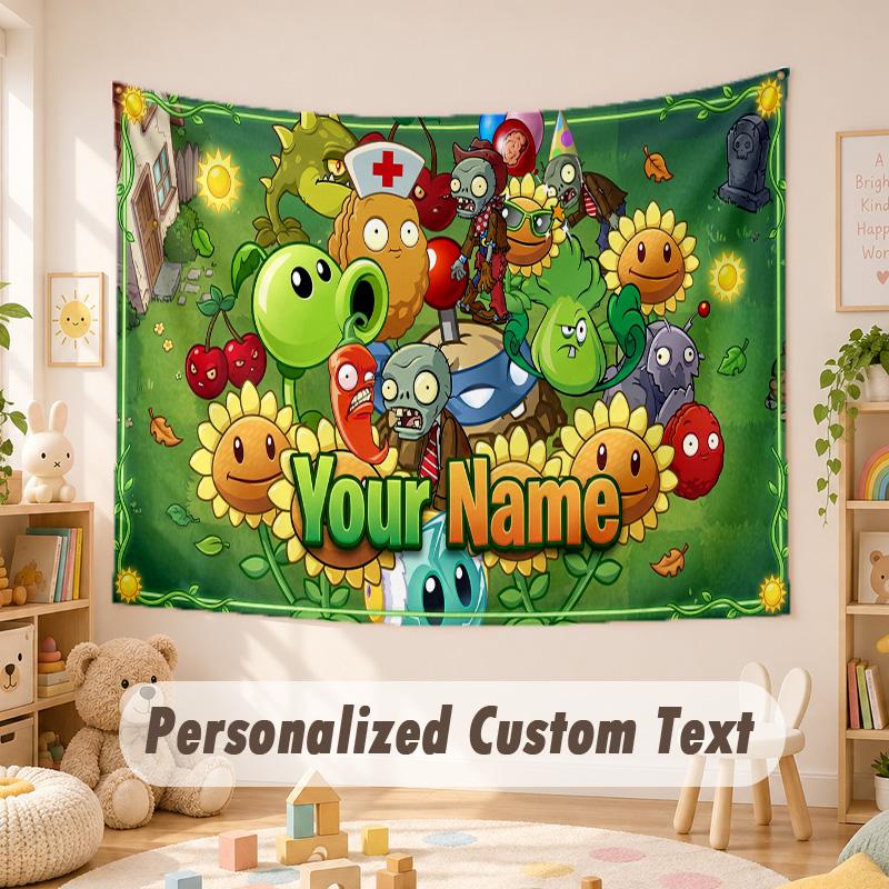 Custom Name Text Tapestry,Plants vs. Zombie Boho Wall Hanging, Decorative Backdrop Tapestry For Room