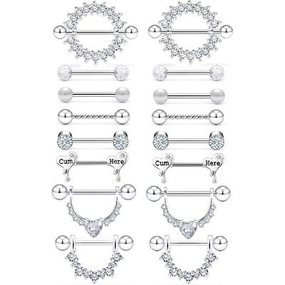 Cisyozi 14G Nipple Rings Round CZ Heart Shaped Nipple Jewelry Stainless Steel Nipple Tongue Ring Barbell Piercing Jewelry for Women 14mm Silver Rose