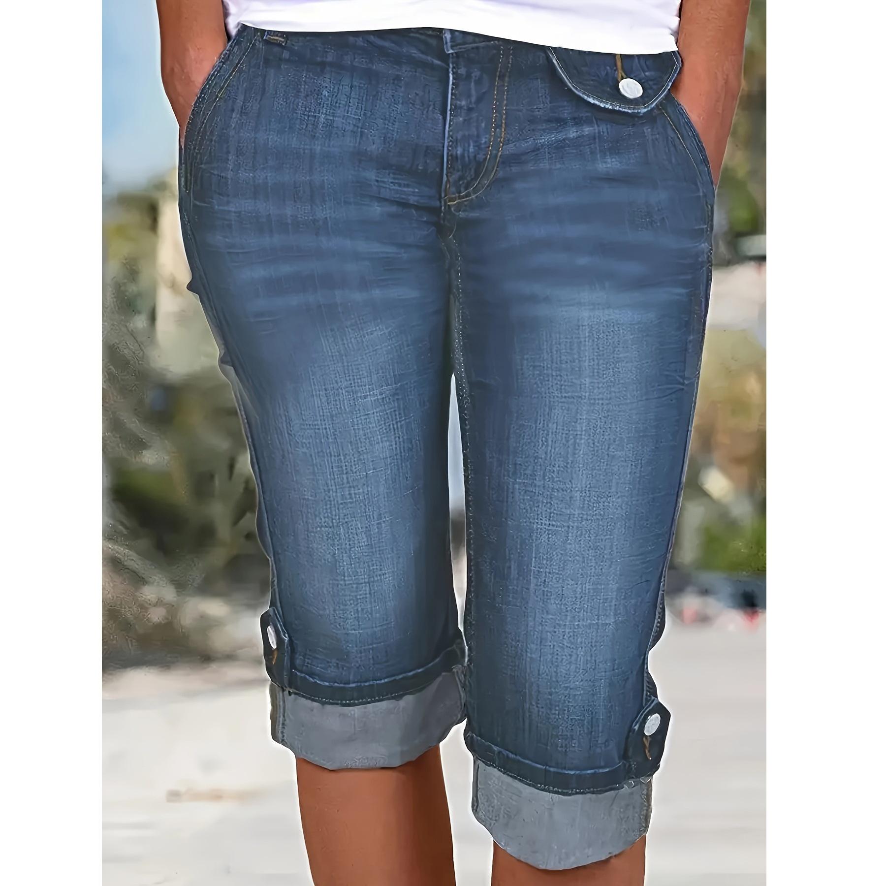 Plus Size Women s Elastic Slim Fit Cuffed Denim Bermuda Shorts 3XL синий