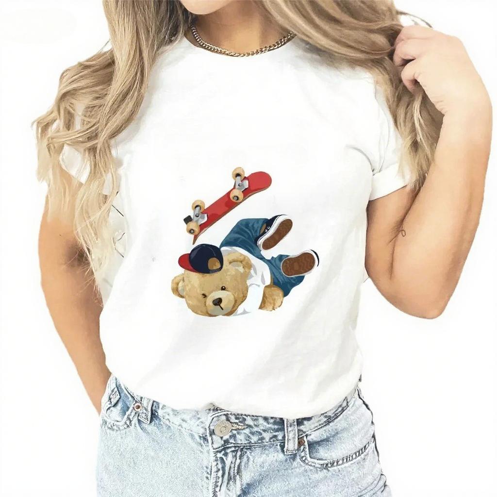 Καλοκαιρινά Μπλουζάκια Γυναικεία Μοντέρνα Casual από Καθαρό Βαμβάκι με Μοτίβο Αρκουδάκι Τέντι και Στρογγυλή Λαιμόκοψη