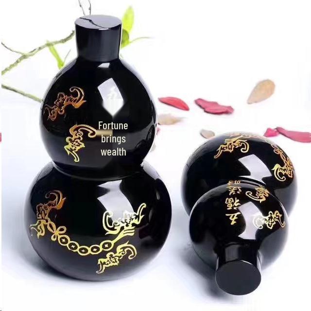 Obsidian Tai Chi Bagua Fu Lu Shou Gourd: Feng Shui Ornament with Six-Character Mantra and Five Blessings Design