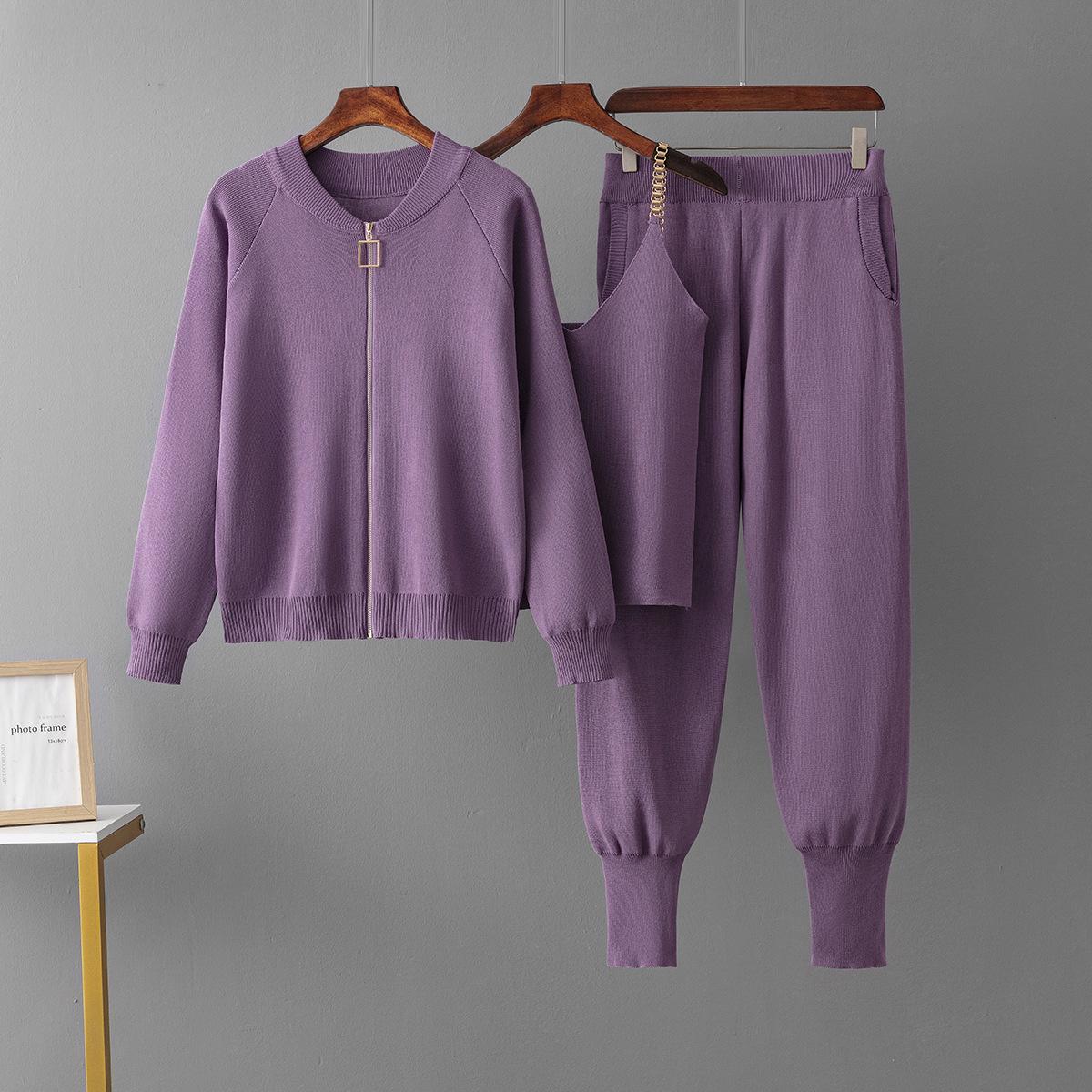 

Летний трикотажный комплект 2024: Шерстяной кардиган, сексуальный жилет и повседневные брюки One Size фиолетовый