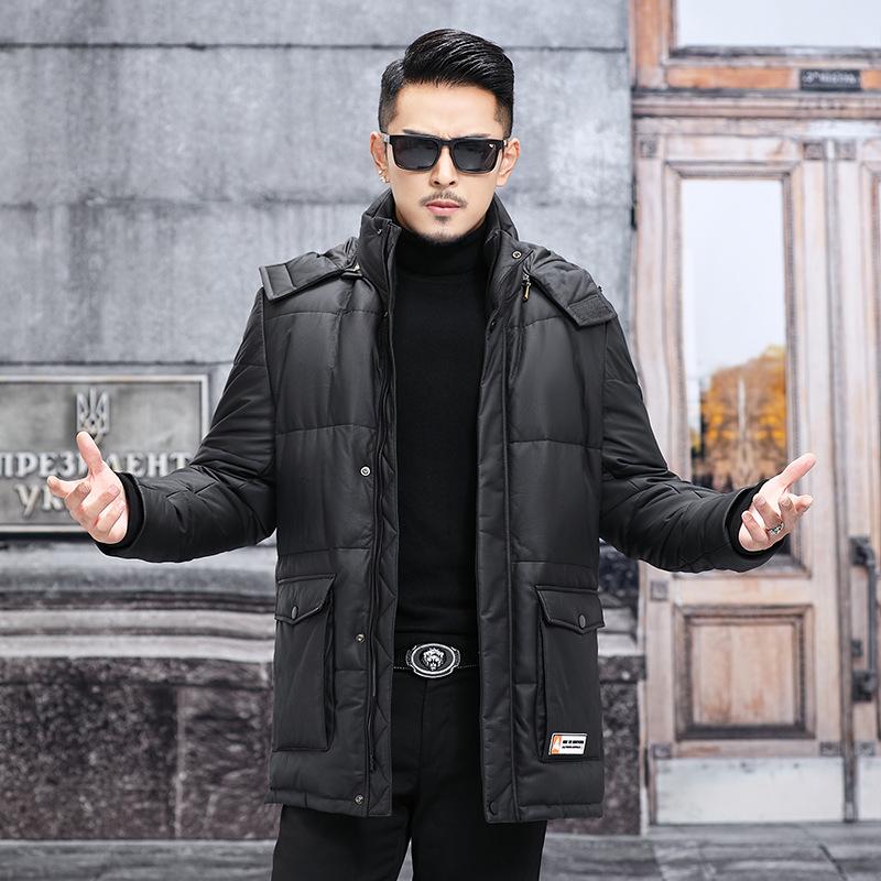 New Style Genuine Leather Down Jacket Removable Hood Thickened Cowhide Leather Jacket Men's Fashion Long Leather Windbreaker