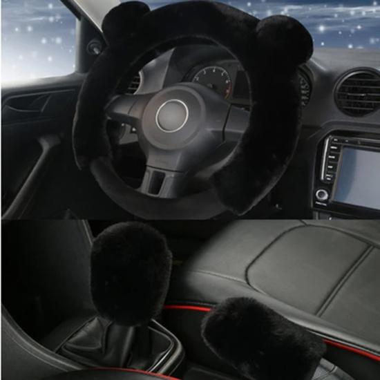 New 3Pcs Winter Plush Fur Car Steering Wheel Cover Hand Brake Handbrake Cover Gear Knob Cover Fluffy Soft Grab cute Styling