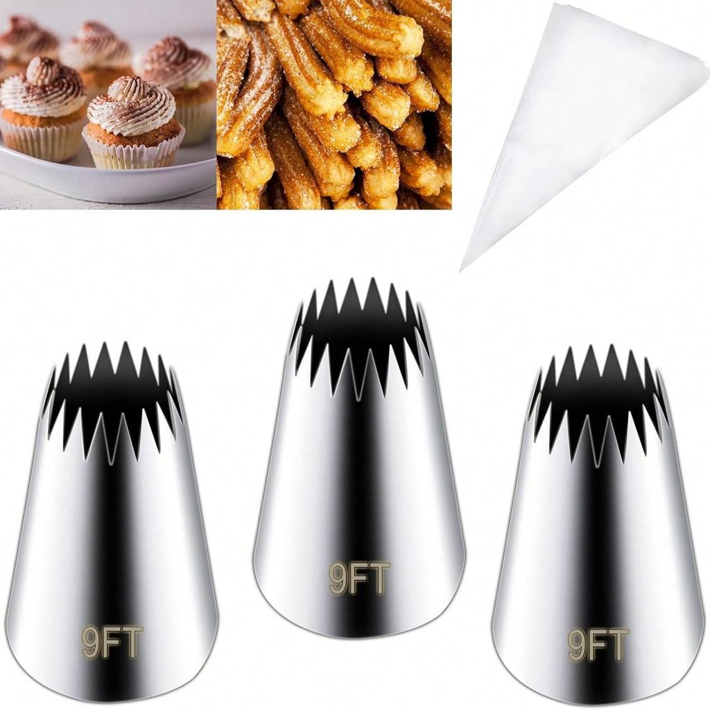 3 Pieces Stainless Steel Large Piping Tips Churro Maker Icing Tips,Pastry Cake Decorating with 20Pcs Disposable Piping Bags