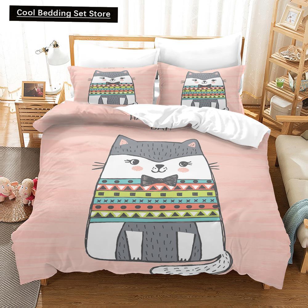 Cartoon Cat King Full Queen Duvet Cover Lovely Pet Kitty Bedding Set Animal Quilt Cover 2/3pcs Purple Polyester Comforter Cover