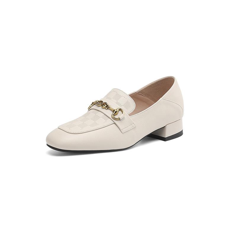 2025 Korean version square head mid-heel metal fasteners low-top women's shoes lazy two-wear women's shoes leather four-season shoes new products