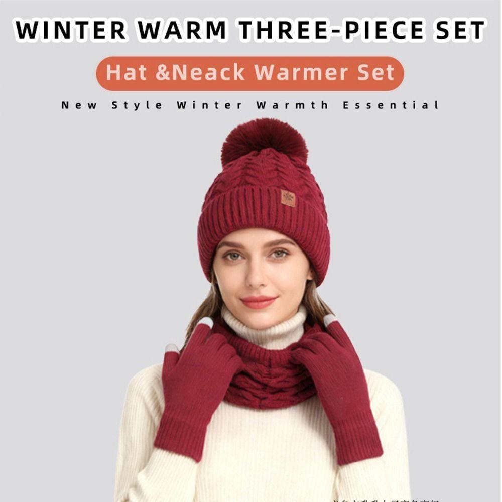 Solid Color Pompom Beanies Hat Beanie Hat Winter Knit Gloves Set  Outdoor