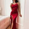 Elegant Sexy High Waist Pleated Slit Satin Long Evening Dress For Women