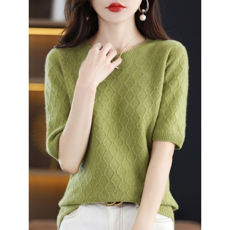 Winter Knitted Short Sleeve T-shirt Women's Loose Bottom Shirt Mid Sleeve Top