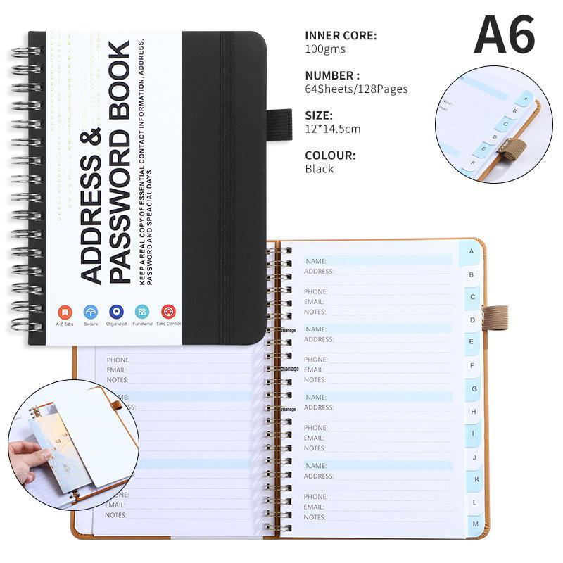 A6 Password Coil Notebook with Custom Letter Tabs & Logo for Business Meetings