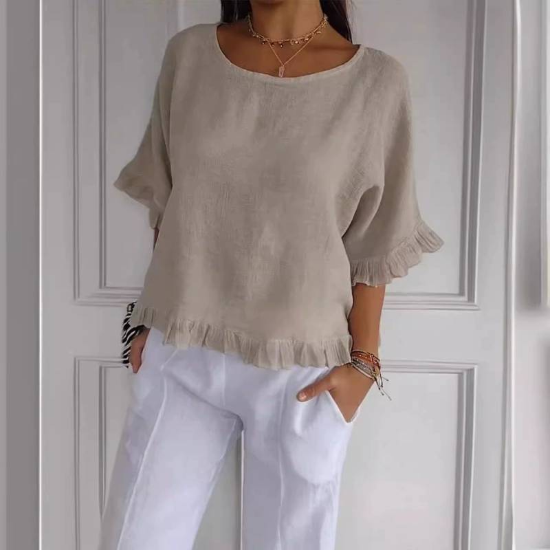 T-shirt Basic Estiva da Donna in Cotone e Lino, Vestibilità Larga, per Uso Casual