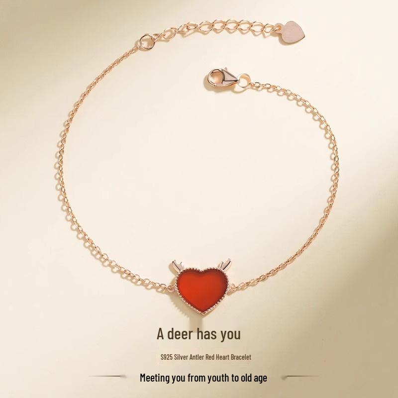Women's Heart Antler Red Agate Bracelet - 925 Silver, Fresh Christmas Birthday Gift