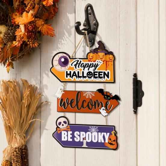 Happy Halloween Door Sign, Spooky Skull Ghost Pumpkin Bat Front Door Hanger, Rustic Wooden Wall Hanging Decor for Home Room Indoor Outdoor Party