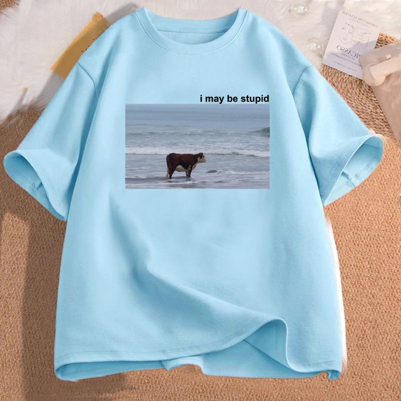 Ich bin vielleicht eine dumme Kuh am Strand Lustiges Meme T-Shirt Baumwolle Kurzarm Damenmode Rundhals-T-Shirt Lässiges Gemütliches Baumwoll-T-Shirt