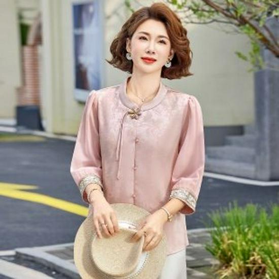 

Women s Chinese Style Summer Print Shirt, Seven-Sleeve Jacket, Comfortable Outerwear for Middle-Aged and Elderly 4XL рожевий