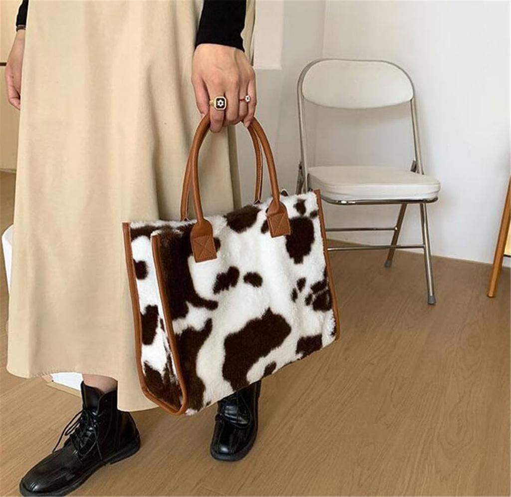 Huimei Damen-Leopardenmuster-Tragetasche, Große Kapazität, Weiche und Flauschige Umhängetasche, Handtasche, Beliebt und Stilvoll für Herbst und Winter (B.)