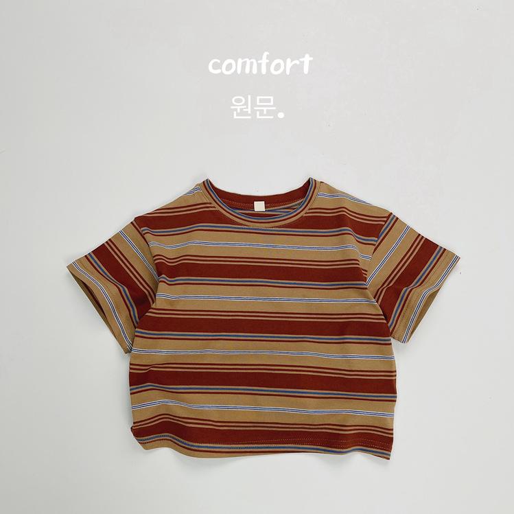 Kids Korean Style Striped Color Block Crew Neck Short Sleeve Casual T Shirt 80cm
