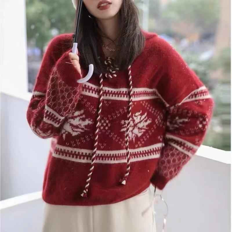 Vintage Christmas red top autumn and winter new lazy wind loose soft waxy knitted hoodie sweater women
