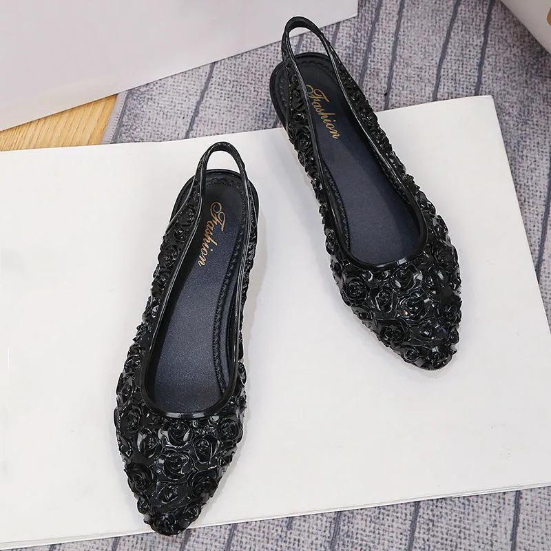 WTEMPO Pointed Toe Flowers Large Size Solid Color Casual Shoes Women PVC Waterproof Non-slip Soft Low Thick Heel Work Single Shoes