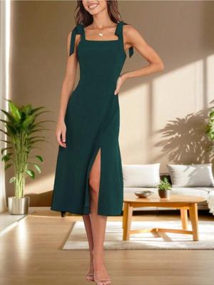 Womens Elegant Square Neck Midi Dress Split Hem Wedding Guest Party Dress