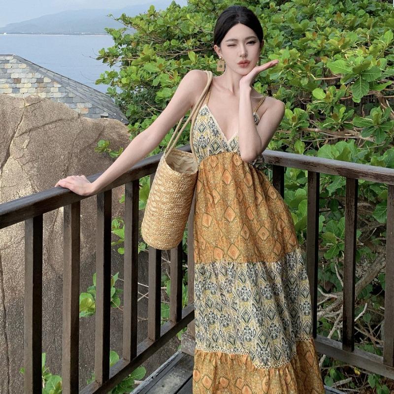 Summer New Vacation Loose Thin Suspender Long Skirt Collar Printing Layered Splicing Temperament Floral Dress Women
