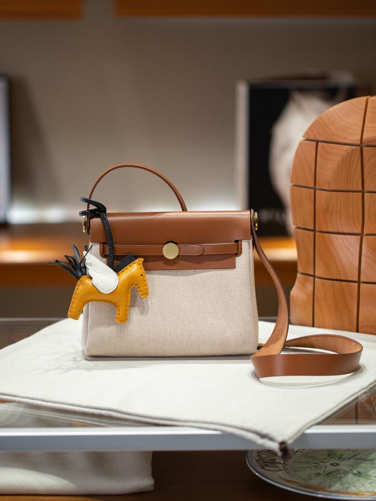 Herbag Mini Non-Buckle Hardware Canvas Stitched Cowhide Womens Bag Fashion High-Grade Texture Single Strap Shoulder Bag