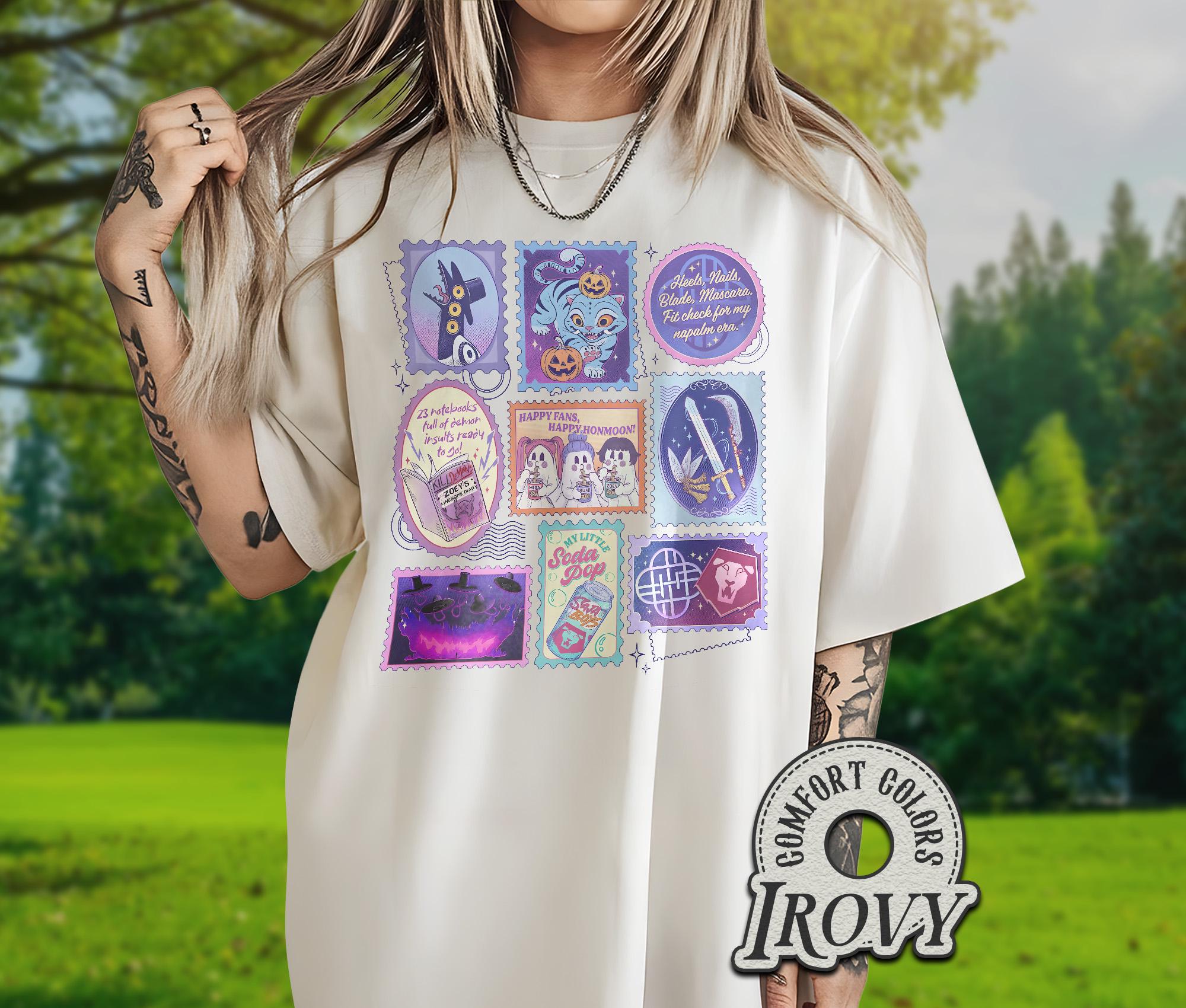 

Kpdh Huntrix Stamps Halloween Comfort Shirt Kpop Saja Boys Band T Shirt Demon Hunters Inspired Merch Spooky Season Kid Shirt S