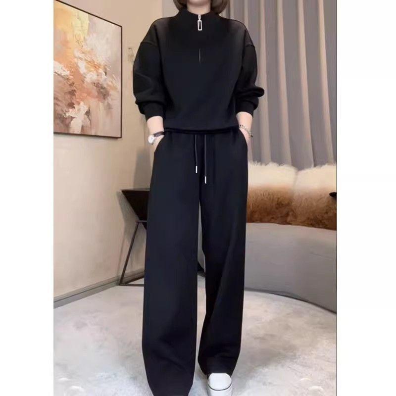 

2026 Spring Plus Size Stylish Two-Piece Set: Stand-Up Collar Top and Slimming Trousers M [Recommended for 85-102 kg] чёрный