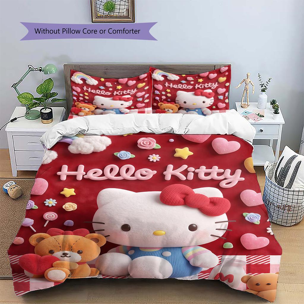 Hello Kitty Cute Pattern Bedding,Quilt Set Quilt Cover Pillowcase Home Birthday Gift(1 * Duvet Cover + 2 * Pillowcase, Without Core)