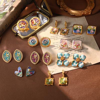 French Retro Oil Painting Style Earrings Niche High-end Natural Pearl Stud Earrings Women's New Chinese Hand-painted Enamel Earrings