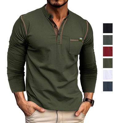 Men’s Long Sleeves Henley Shirts Cotton Pullovers Color Matching Knitted T-shirt Buttons Round Neck Breast-pocket Tops Stylish Daily Casual Menswear