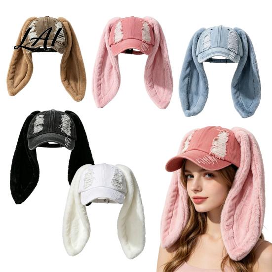 PlushLong Ear Baseball Cap with Plush Rabbit Ears Washed Distressed Peaked Hat for Bunny Ears Winter Long Dance Party Show Festivals