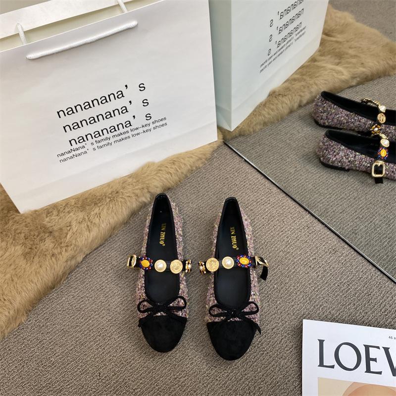 XINZHOU Tweed Color Matching Flat-bottomed Bow Single Shoes Women's 2025 One-word Buckle Pearl Light Mouth Mary Jane Shoes