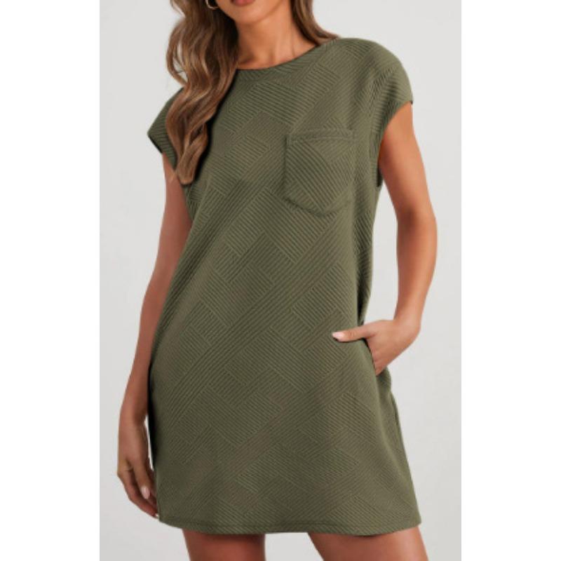 

YYFS женские модные летние и весенние однотонные повседневные платья с короткими рукавами и круглым вырезом со свободной талией XXXL армия зеленый