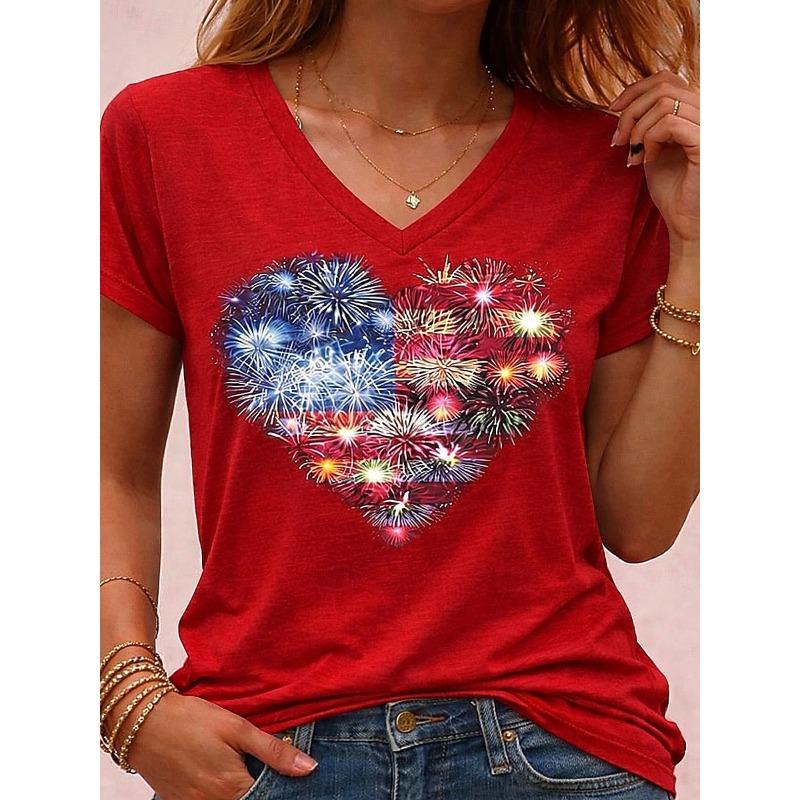 Patriotic Heart Firework Flag Print Casual T Shirt V Neck Short Sleeve Tee For Women Summer Holiday And Daily Wear