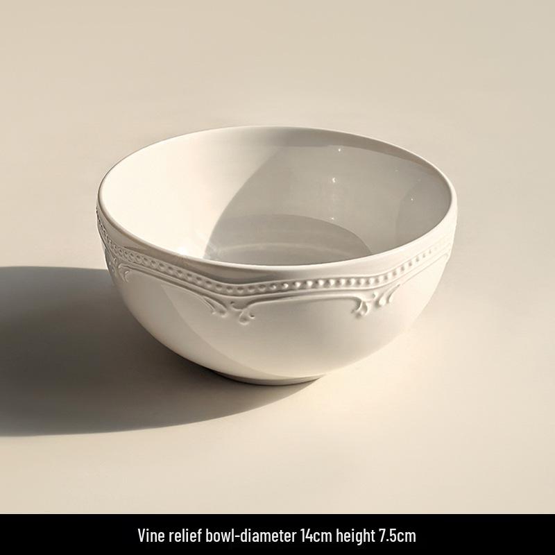 Attitude Life French Light Luxury Pure White Embossed Ceramic Dinnerware Set - Dessert & Western Food Plates.