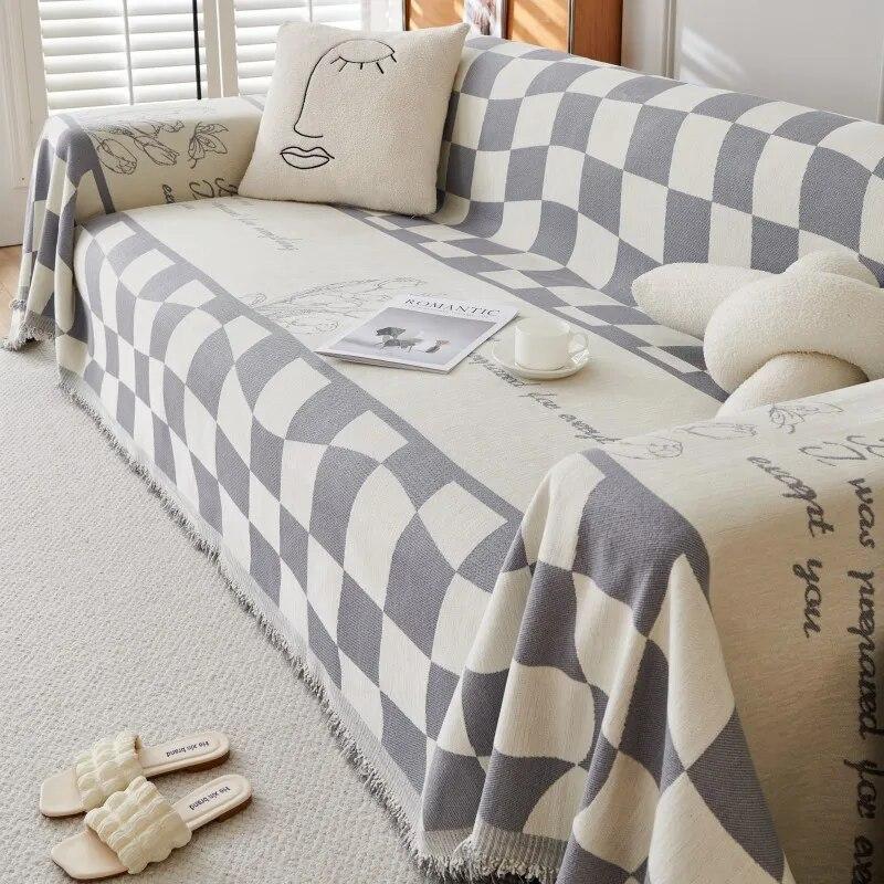 Sofa Cover Non Slip Cover Cloth Towel Dustproof Universal Cover Chenille Checkered Lazy Blanket with Delicate Exquisite Texture