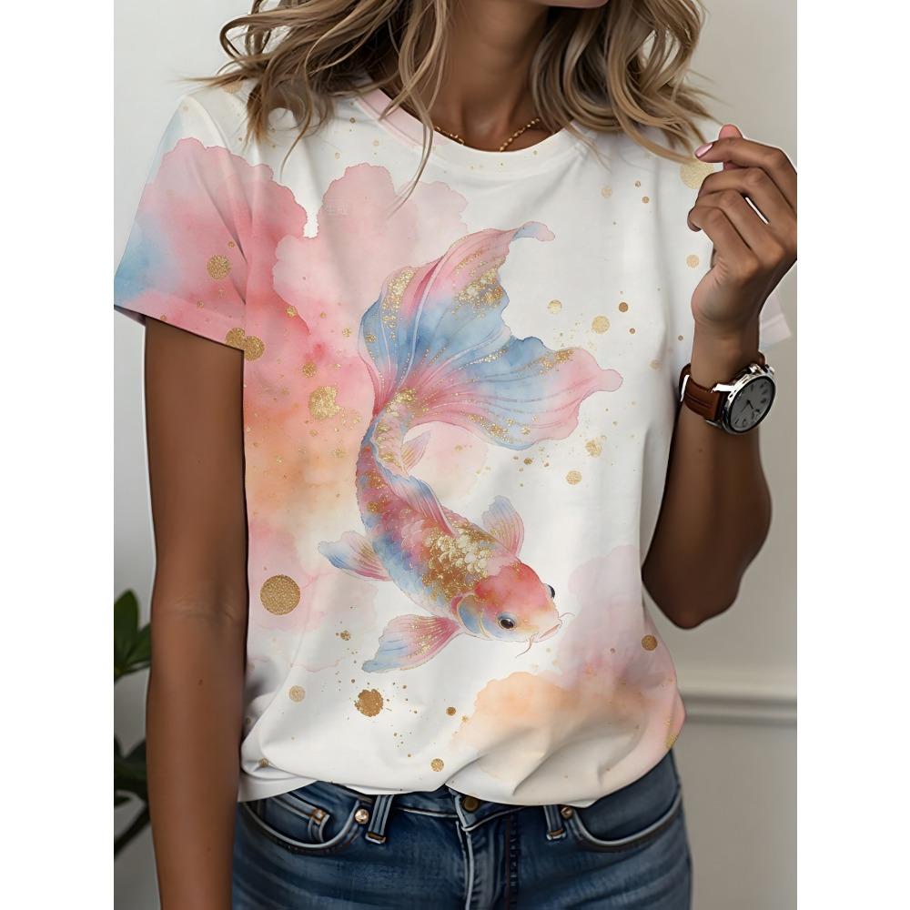 

Pink gold gradient goldfish round neck T-shirt women s size loose fit casual trend XXS
