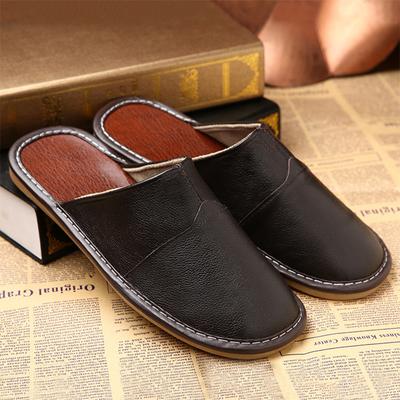 Fashion WOTTE Leather Home Slippers for Men Winter Warm Plush Slippers Bedroom Genuine Leather Unisex Men/women House Indoor Shoes