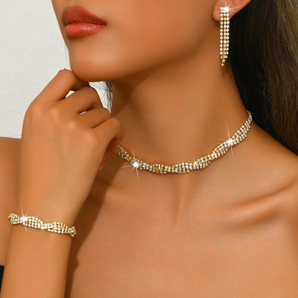 Popular Wedding Dress Women's Jewelry Water Diamond Necklace Earrings Two-piece Set